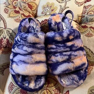 UGG Blue and Cream Fuzzy Slippers